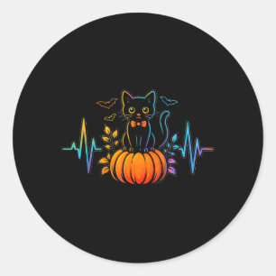 Sticker Rond Battement de coeur de chat noir Halloween citrouil