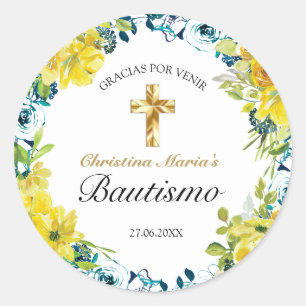 Sticker Rond Bautismo de Niña Bonita Cruz Floral Amarillo
