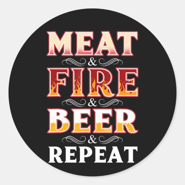 Sticker Rond BBQ | BBQ Grill Fumer Viande Feu Bière Répétition (Devant)