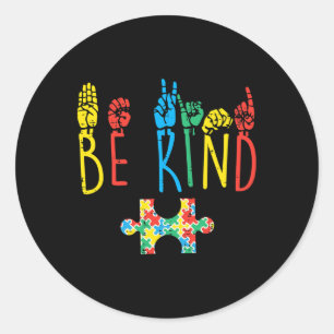 Sticker Rond Be Kind Hand Sign Language Puzzle Sensibilisation 
