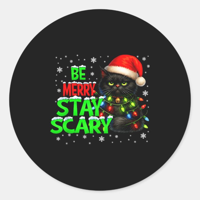 Sticker Rond Be Merry Stay Y Black Cat Funny Halloween Christma (Devant)
