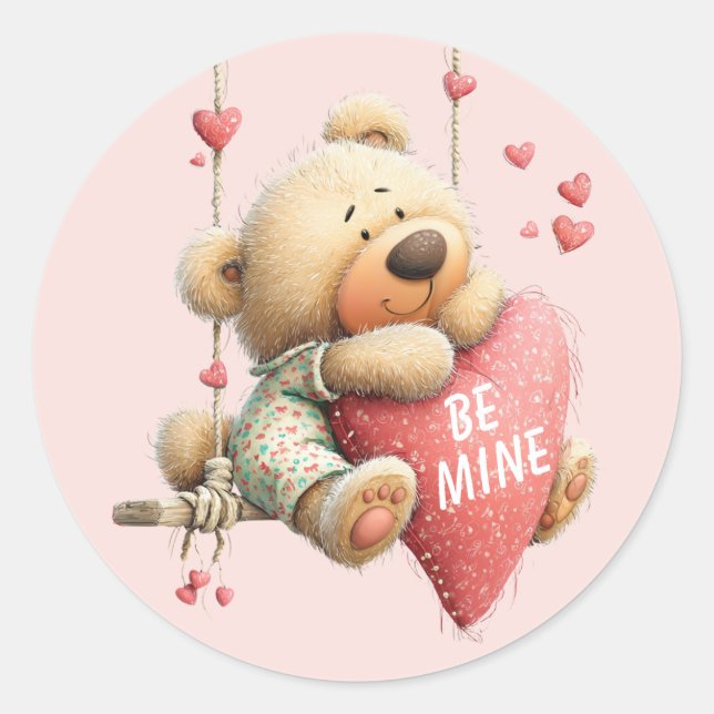 Sticker Rond  Be My Valentine Teddy Bear – Hanging Heart  (Devant)
