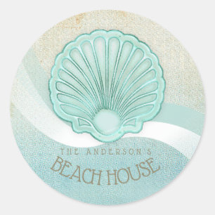 Sticker Rond Beach House Clam Shell Aqua Blue ID623