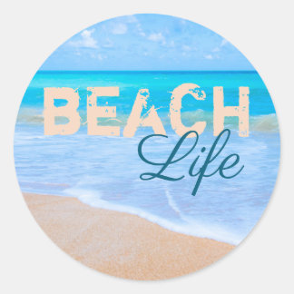 Sticker Rond Beach Life. Blue Skies Tropical Paradise Aqua Sea