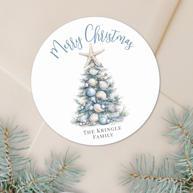 Sticker Rond Beach Merry Christmas (Beach Merry Christmas Classic Round Sticker)