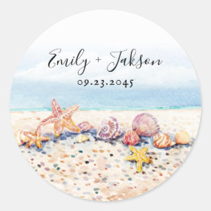 Sticker Rond Beach Seashell Ocean Mountains Nuage Aquarelle