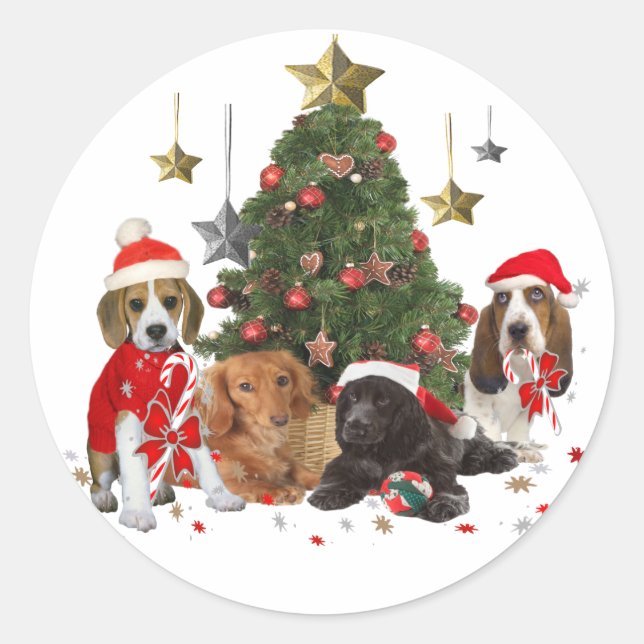 Sticker Rond Beagle, Basset, Cocker Noël (Devant)