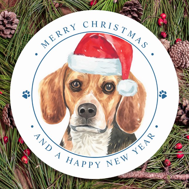 Sticker Rond Beagle Chien Père Noël Joyeux Noël personnalisé (Créateur téléchargé)