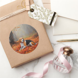 Sticker Rond Beagle dans les feuilles d'automne qui tombent ins