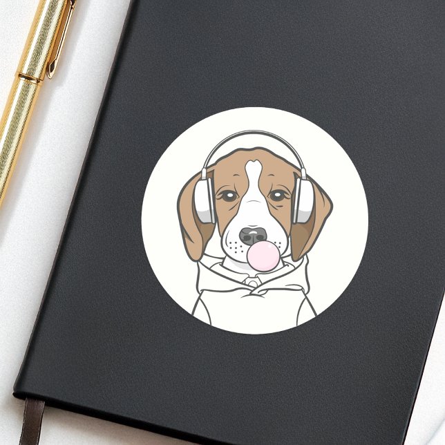 Sticker Rond Beagle décontracté avec Bubble Gum Mignon Drôle de (Créateur téléchargé)