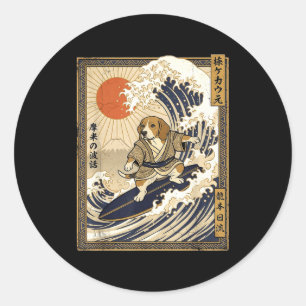 Sticker Rond Beagle japonais surf kanagawa vague drôle samouraï