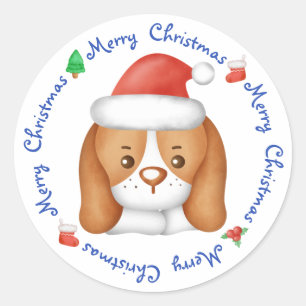 Sticker Rond Beagle Puppy Dog Festive Père Noël Joyeux Noël