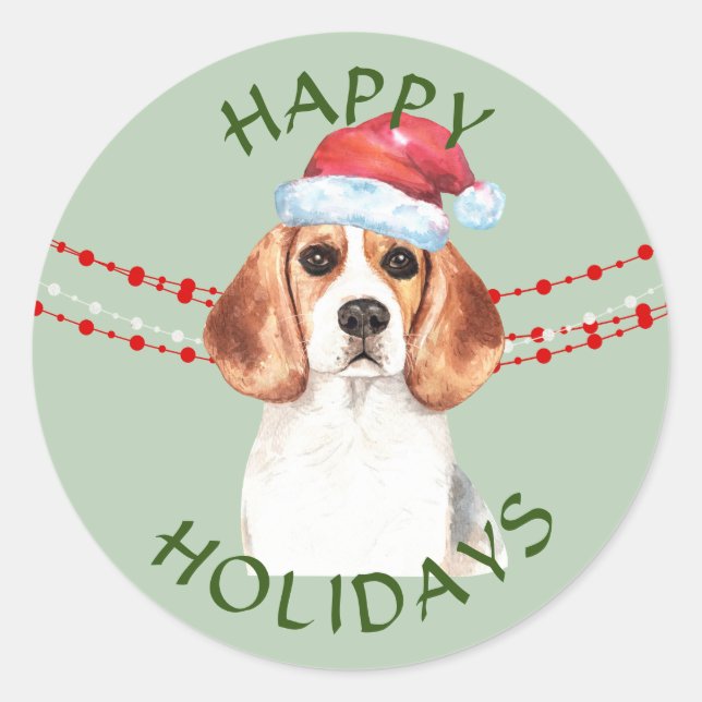 Sticker Rond Beagle Santa Hat Joyeuses Fêtes (Devant)