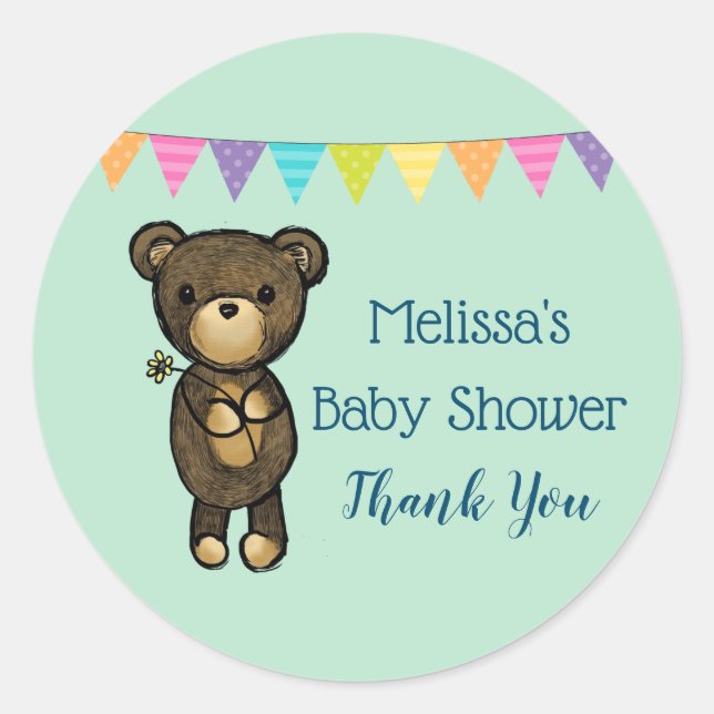 Sticker Rond Bear Brown mignonne avec Fleur Jaune Merci (Devant)