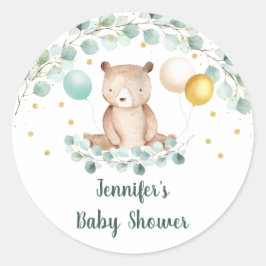 Sticker Rond Bear Greenery Or Genre Baby shower neutre