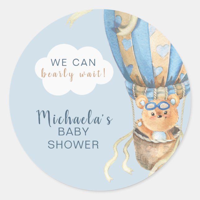 Sticker Rond Bearly Wait Blue Boy Baby shower (Devant)