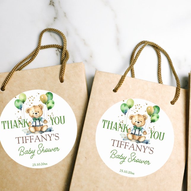 Sticker Rond Bearly wait teddy ours vert baby shower faveur (Bearly wait teddy bear baby shower green balloons thank you favor stickers cute teddy green balloons)