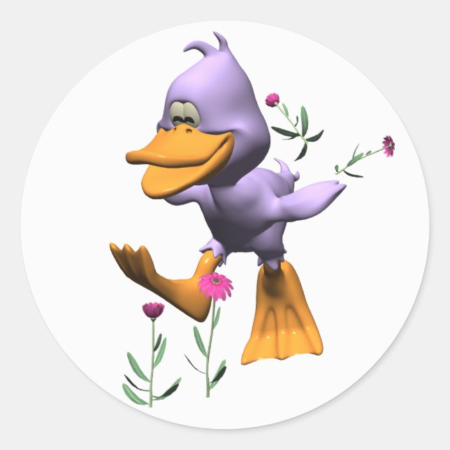 Sticker Rond Beau Canard Cartoon À Travers Les Fleurs (Devant)