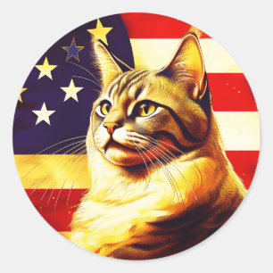 Sticker Rond Beau Chat avec Arrière - plan de drapeau américain