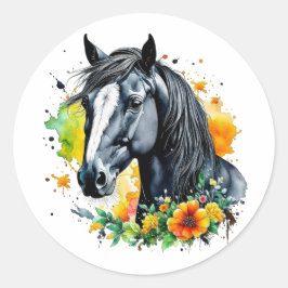 Sticker Rond Beau Cheval Noir Entouré de Fleurs Jaunes