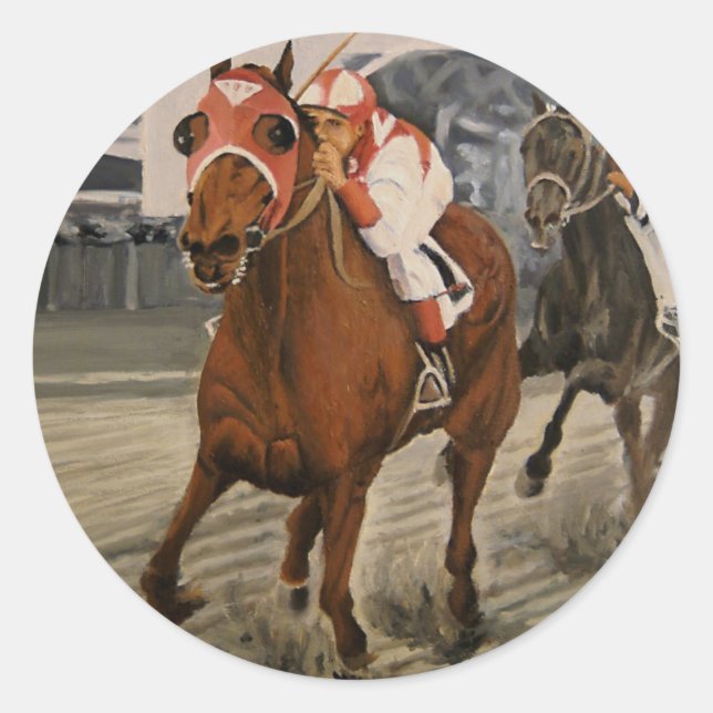 Sticker Rond Beau cheval ravit les propriétaires en course clas (Devant)