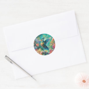 Sticker Rond Beau colibri entouré de fleurs