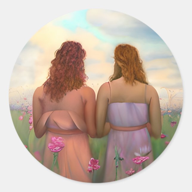 Sticker Rond Beau couple lesbien dans le pré des fleurs (Devant)