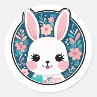 Sticker Rond Beau lapin avec Motif à fleurs