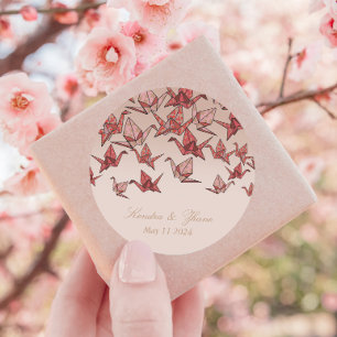 Sticker Rond Beau Mariage de grue en papier Origami rouge