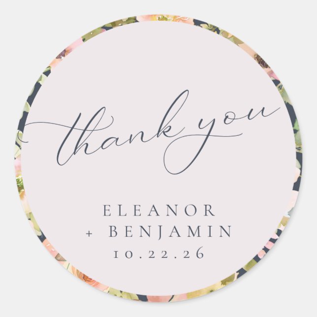 Sticker Rond Beau Marine bleu Mariage Floral Merci (Devant)