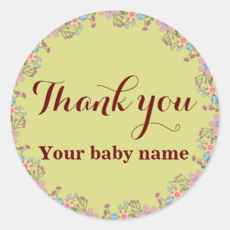 Sticker Rond Beau Merci Baby shower Fleur sauvage