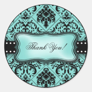 Sticker Rond Beau Merci bleu Aqua et noir Damas