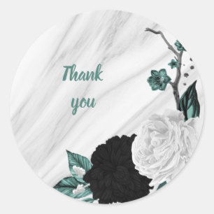 Sticker Rond Beau noir blanc turquoise fleurs marbre