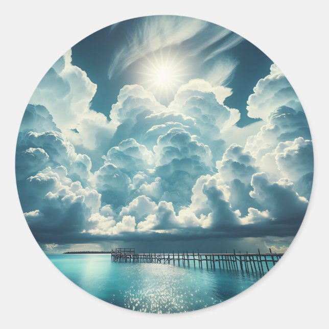 Sticker Rond Beau Océan, Dock et nuages fluides (Devant)