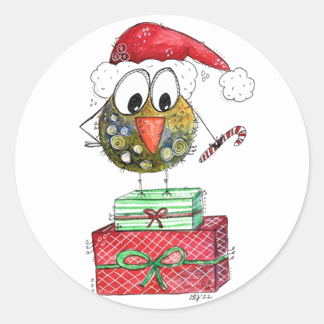 Sticker Rond Beau Oiseau de Noël Whimsical (Devant)