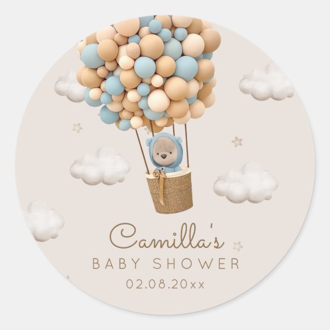 Sticker Rond Beau Ours Avec Ballons Baby shower Garçon (Devant)