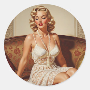 Sticker Rond Beau pin-up art des années 50 de blonde