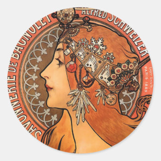 Sticker Rond Beau profil femme - Mucha
