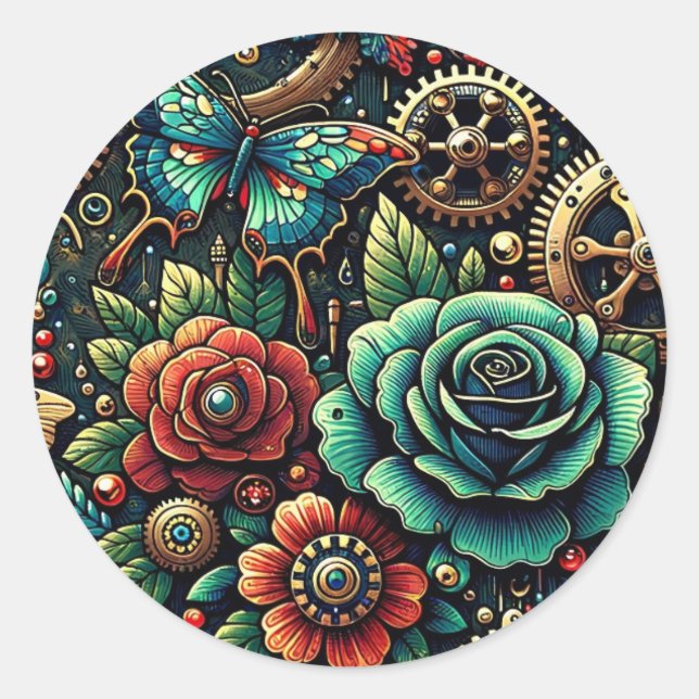 Sticker Rond Beau Steampunk Gears à thème et Roses (Devant)
