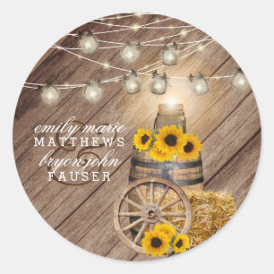 Sticker Rond Beau tonneau en bois rustique et tournesols