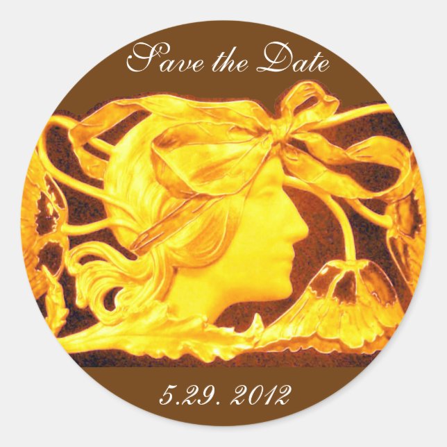 STICKER ROND BEAUTÉ ÉLÉGANTE / FEMME AVEC BOW JAUNE ET FLEURS (Devant)