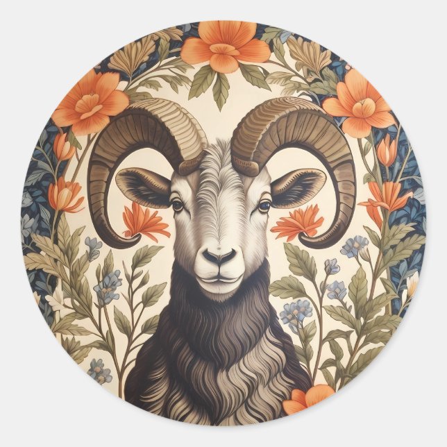 Sticker Rond Beautiful Bighorn Sheep William Morris Inspired (Devant)
