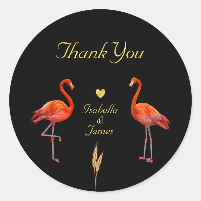 Sticker Rond Beaux Flamants sur Merci Noir et Doré (Devant)