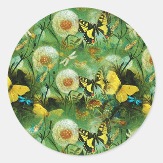 Sticker Rond Beaux Fleurs sauvages et papillons Nature