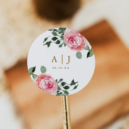 Sticker Rond Beaux Roses avec Monogramme et Mariage Date
