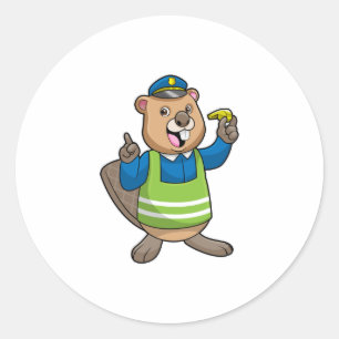 Sticker Rond Beaver en tant qu'agent de police avec sifflet