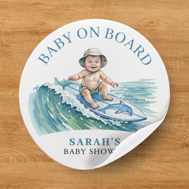 Sticker Rond Bébé à bord Baby shower de surf aquarelle (Baby on Board Watercolor Surfing Baby Shower Classic Round Sticker
)