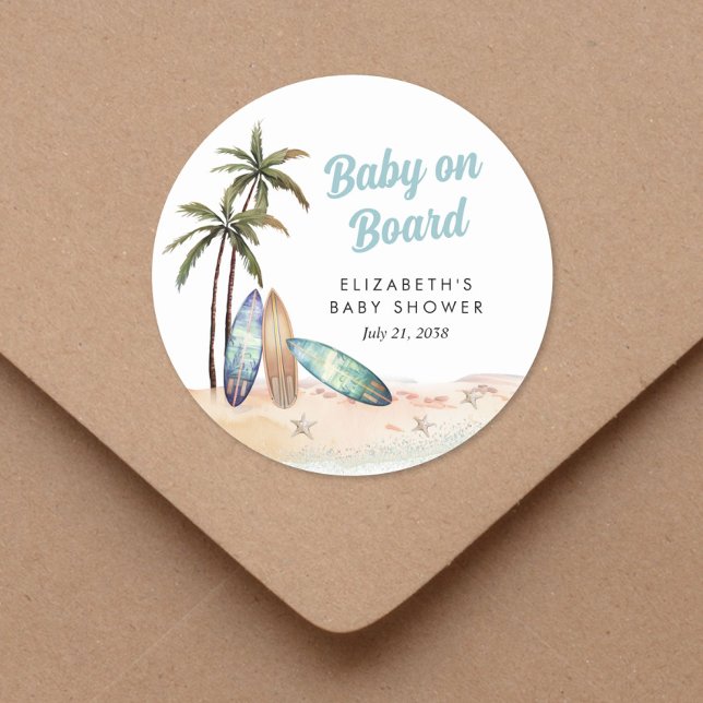 Sticker Rond Bébé À Bord Du Baby shower De Plage Surf (Créateur téléchargé)