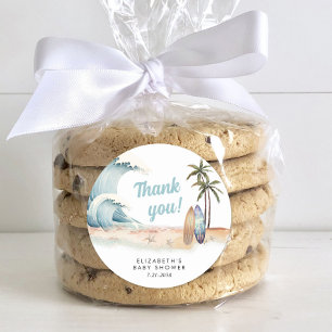 Sticker Rond Bébé à bord Surf Beach Baby shower Merci