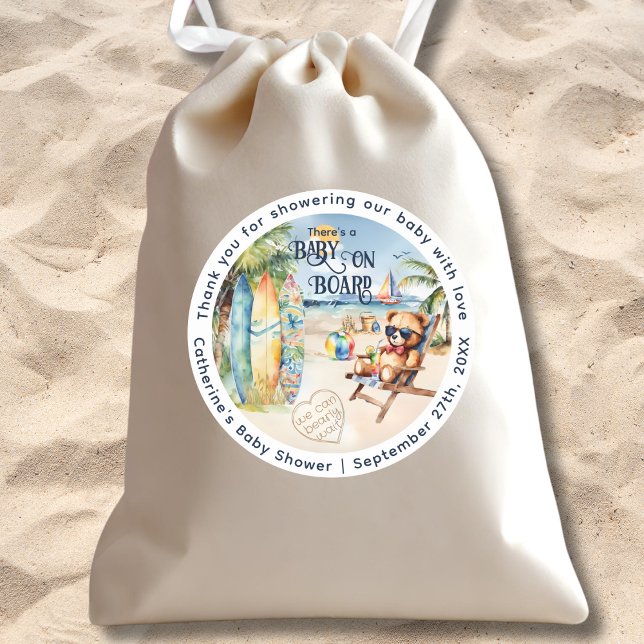 Sticker Rond Bébé À Bord Surfboard Teddy Bear Baby shower (Créateur téléchargé)